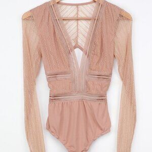 Lulus Casita Beige Sheer Lace Long Sleeve Bodysuit - Size XS